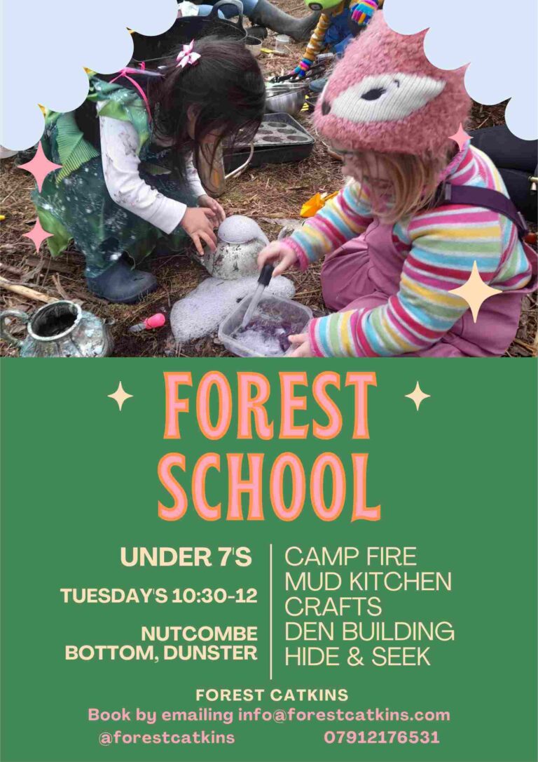 Toddlers making potions, a poster describing the activities offered for under 7 groups on a Tuesday